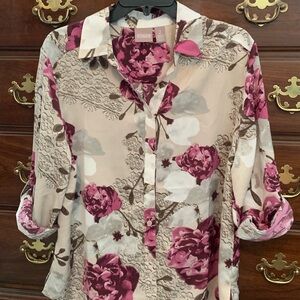 Chico's Pink and Cream Floral Button-Down Shirt
